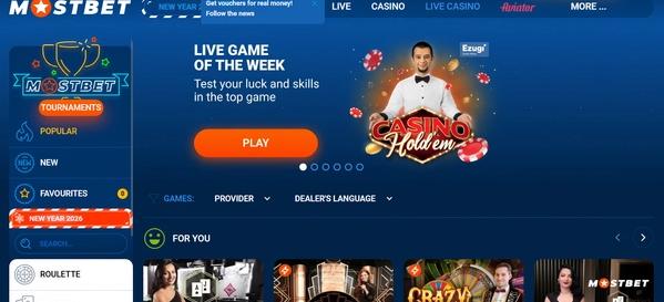 Mostbet live casino interface featuring Casino Hold'em, Blackjack, Crazy Time, and live dealer games.